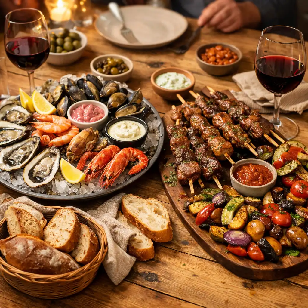 Assortiment de plats à partager posés au centre d'une table en bois