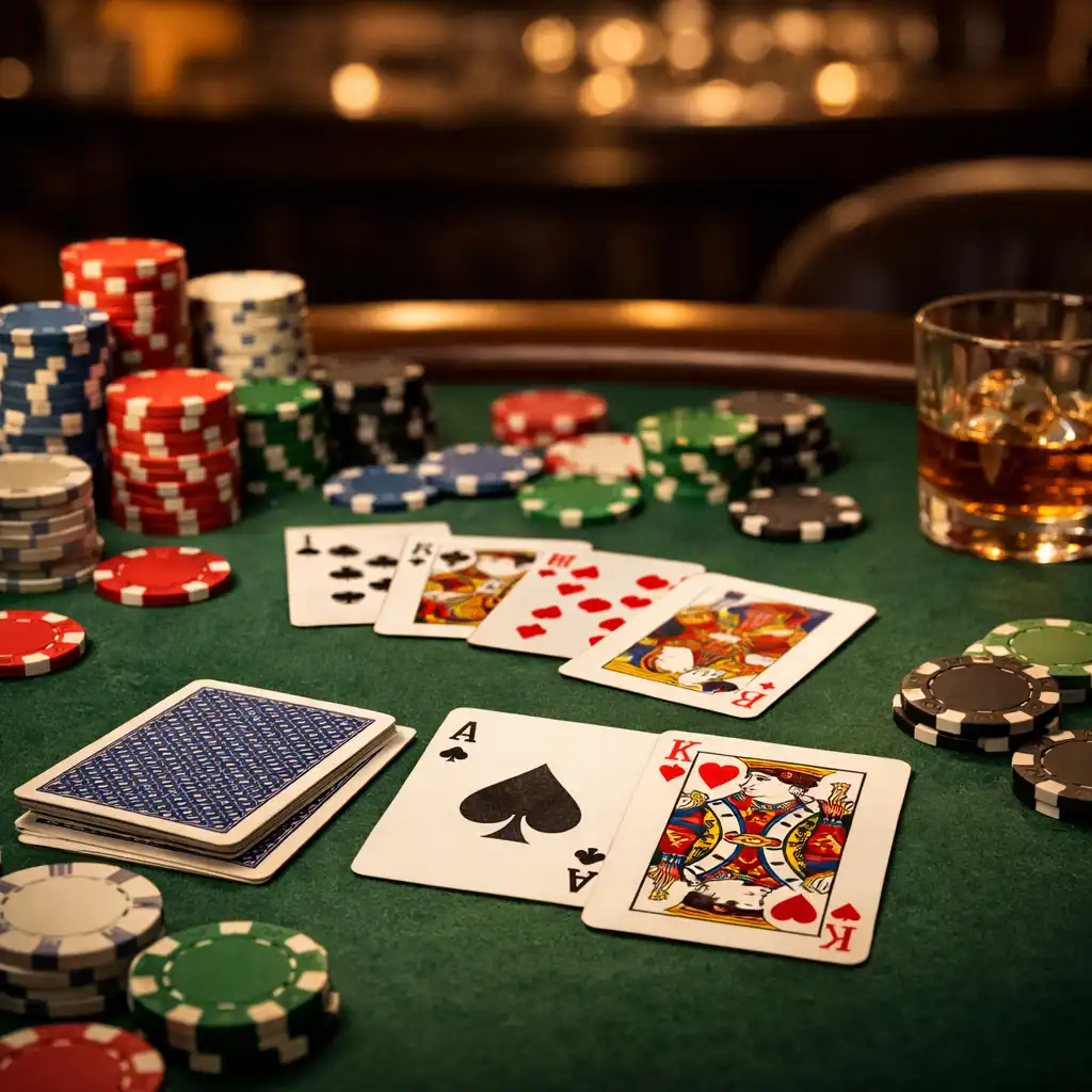 Table de poker avec cartes et jetons dans l'espace salon du Royalpalaceescape